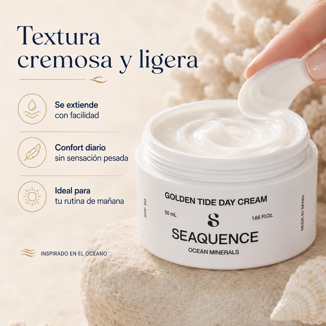 SEAQUENCE Golden Tide Day Cream SPF 50 50 ml | Crema de Día Facial con Ormus Marino, Ocean Trace Minerals, Niacinamida, Vitamina C Estabilizada, Vitamina E y Ácido Hialurónico | Hidratación total