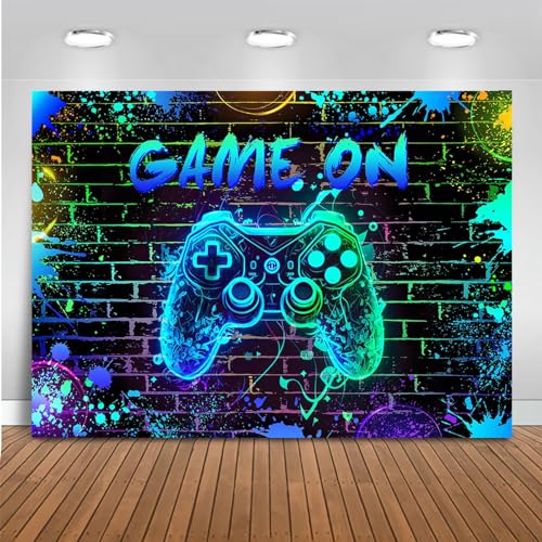 Mocsicka Game On Backdrop Video Game for Boys Level Up Birthday Party Decoration Game Night Arcade Neon Glow Gamer Banner Photography Background (Blue, 7x5ft(82