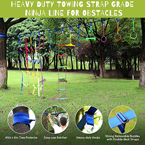 rainbow craft Ninja Line Obstacle Course - Heavy Duty Towing Strap Grade Ninjaline, Cargo Net, Ninja Wheel, Monkey Bar, Ninja Fists Holds & Ninja Rings - Kids Backyard Training Equipment Outdoor Play - Thumbnail 2