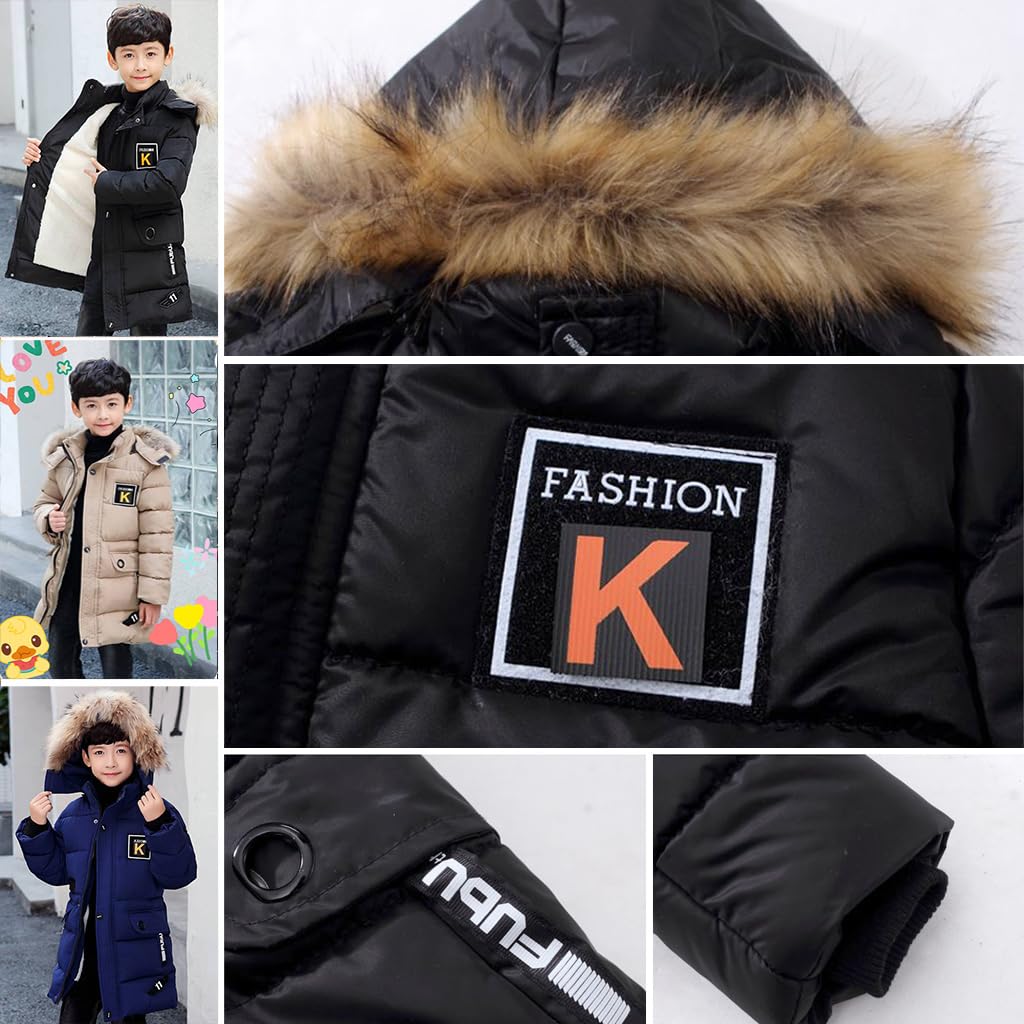 linboo Manteau Enfant Garçon Doudoune Doublure Polaire Chaud Veste d'Hiver à Capuche Fourrure Blouson Matelassé Epais Parka