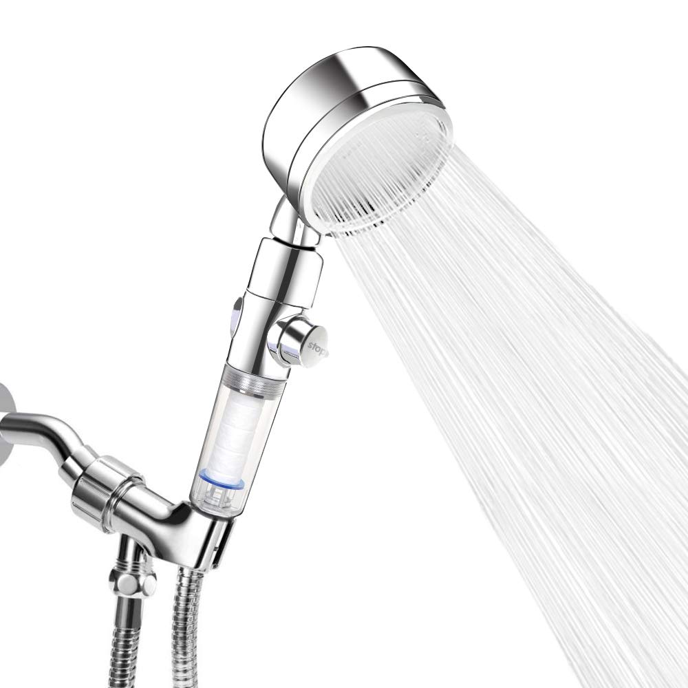 Luxsego High Pressure Shower Head 4-Modes Powerful Shower Spray, Hand Held Showerhead Kit with Stainless Steel Hose, Adjustable Bracket and Ionic Mineral Beads for Best Shower Experience