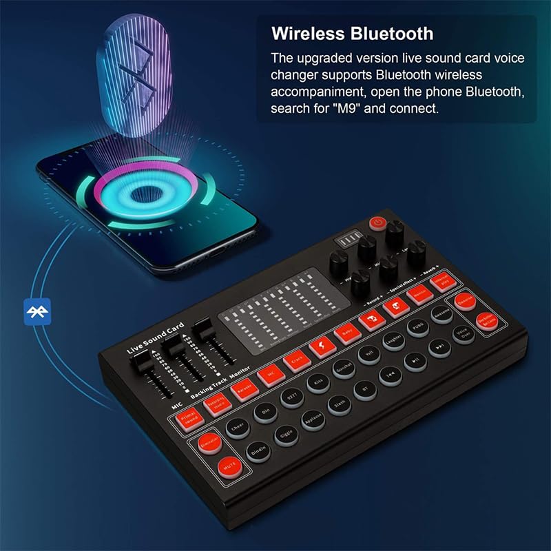 Mezclador de audio Tablero mezclador de sonido, cambiador de voz de tarjeta de sonido en vivo con múltiples efectos de sonido y luz LED