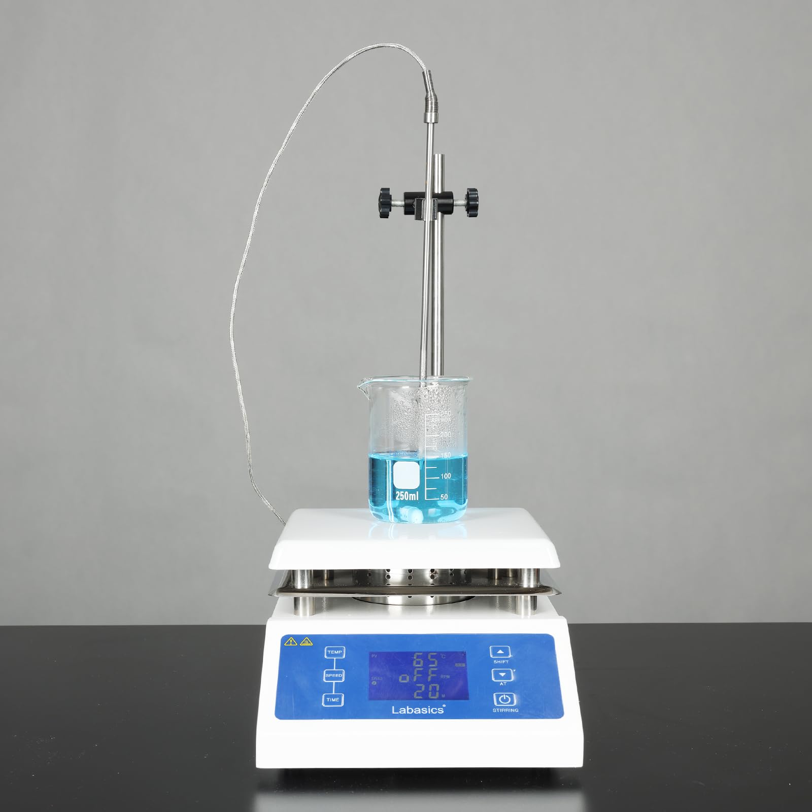 Labasics Magnetrührer mit Digitalanzeige, Maximale Kapazität 200-2000 U/min Magnetrührer mit 19x19 cm Keramik-Heizplatte und Temperaturfühler, Max 350℃, Nennleistung 600W, 220V/50HZ