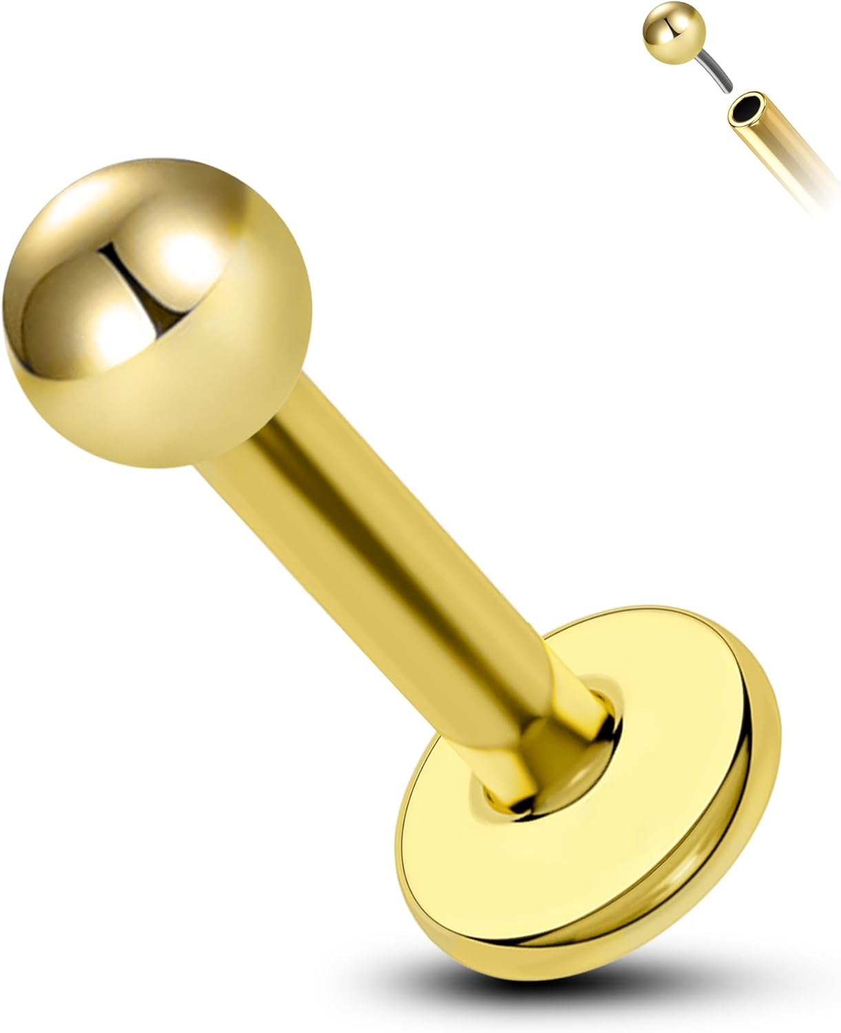 COCHARM 14K Solid Gold Helix Cartilage Tragus Earring Stud 16g Yellow Gold Threadless Tragus Cartilage Helix Conch Piercing Jewelry Flat Back Lip Labret Medusa Monroe Piercing Stud
