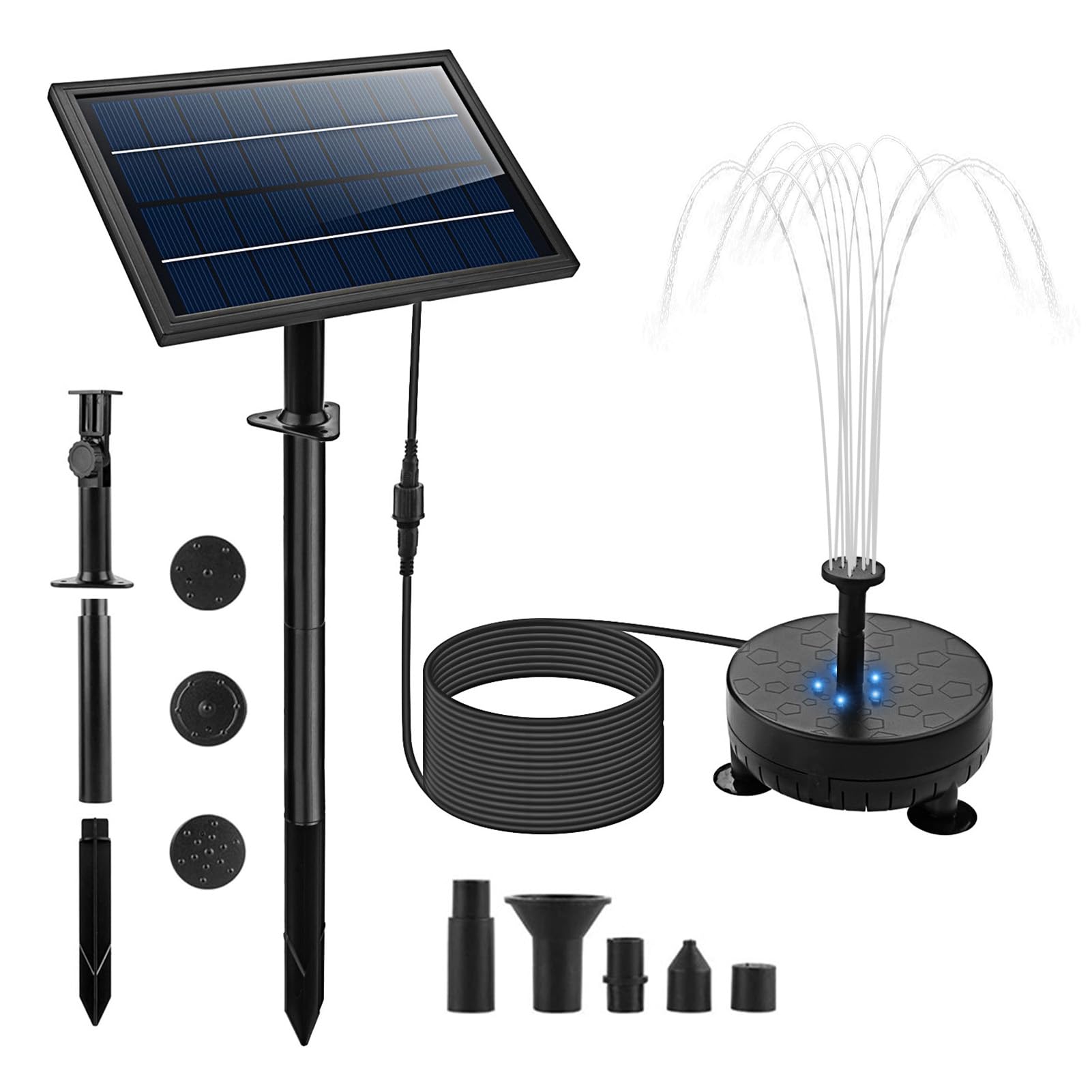 Matybobe Bomba de Agua Solar con Luz de Color de 5 LED 7 Piezas Kit de la Boquilla de la Boquilla Bomba Solar de la Fuente Solar 170L/H