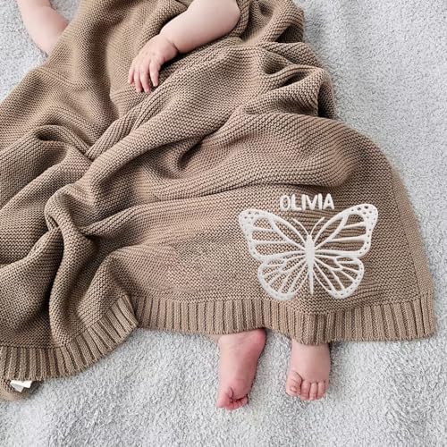 Image of Luxury Personalized Name Butterfly Baby Blanket, Embroidered Name, Soft Breathable Cotton Knit, Newborn Gift
