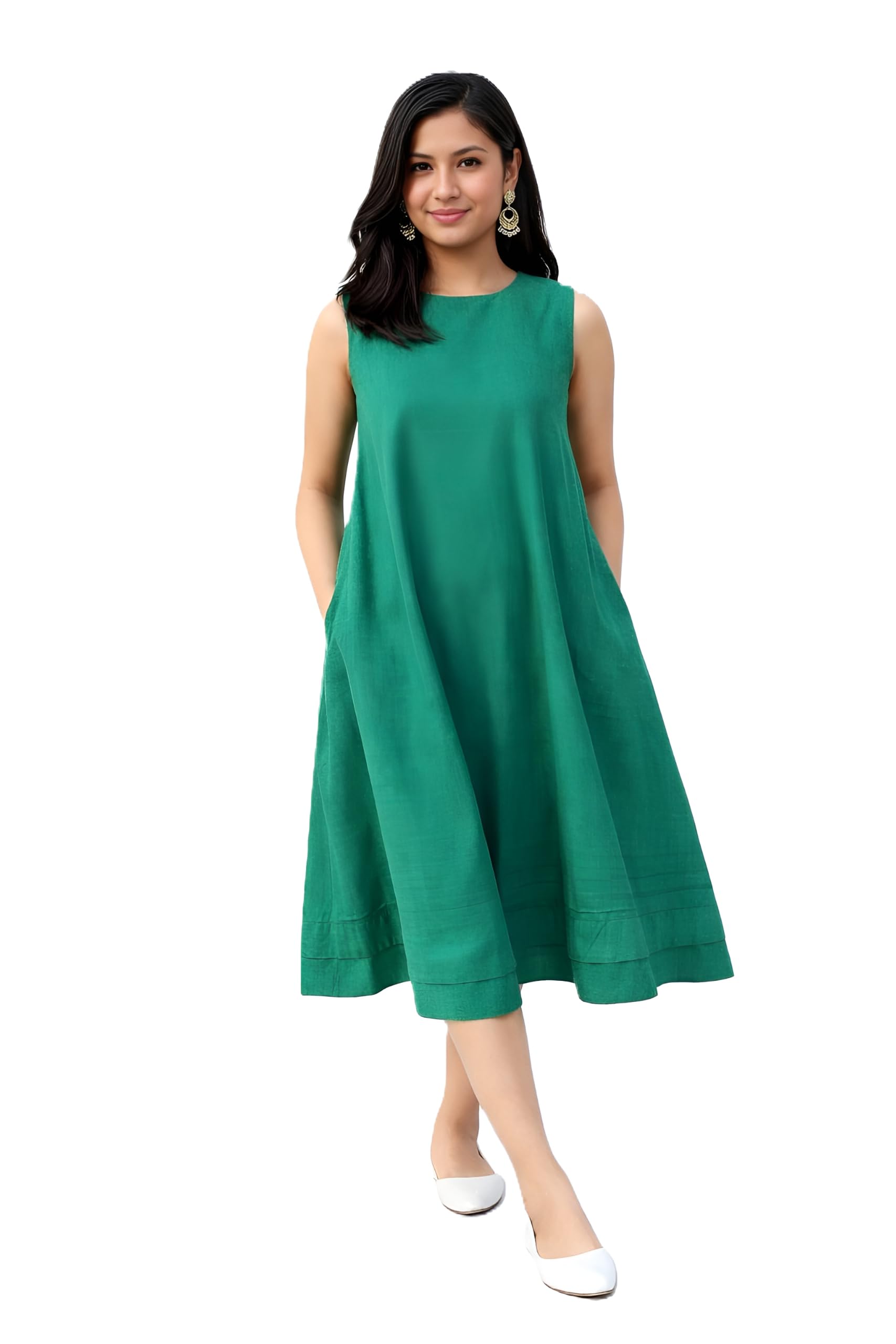 myshka Women's Linen Sleeveless A-Line Midi Dress | Round Neck Flared Casual Dress with Pockets | Relaxed Fit Elegant Summer Dress for Office, Travel, Vacation-picture-7