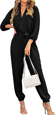 PRETTYGARDEN Women's Fall Jumpsuits Dressy Casual Pants Romper Spring Long Sleeve V Neck Belt Pockets One Piece Outfits