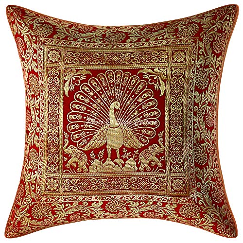 Image of Decorative Brocade Cushion Covers 16 Inch x 16 Inch Banarasi Jacquard Red & Gold Living Room Decor Peacock Traditional Square 40x40 cm Zippered Sofa Settee Pillowcases -Set of 5 Pcs