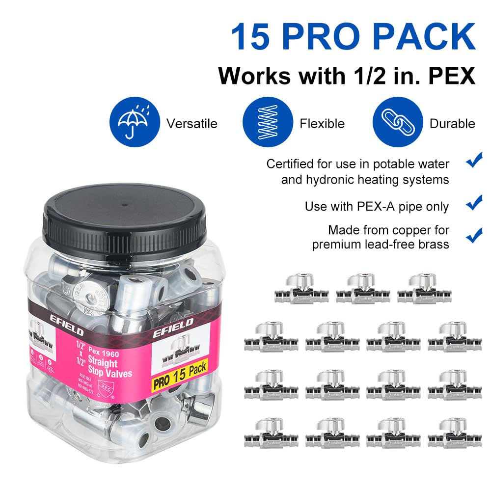 Pro EFIELD - Paquete de 15 válvulas de parada recta de 1/4 de giro Pex-A, expansión en frío de 1/2 pulgada Pex x 1/2 pulgada Pex cromada, ASTM F1960, resistente, hecho de latón LF