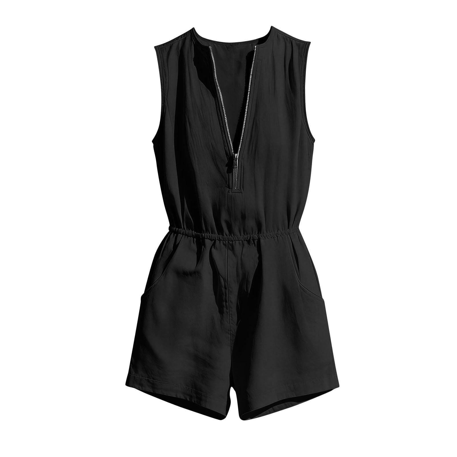 Mono versátil sin mangas con bolsillos y cremallera, básico para un estilo casual moderno en cualquier temporada, mujer, pantalón largo, cintura con cordón, deportivo y urbano