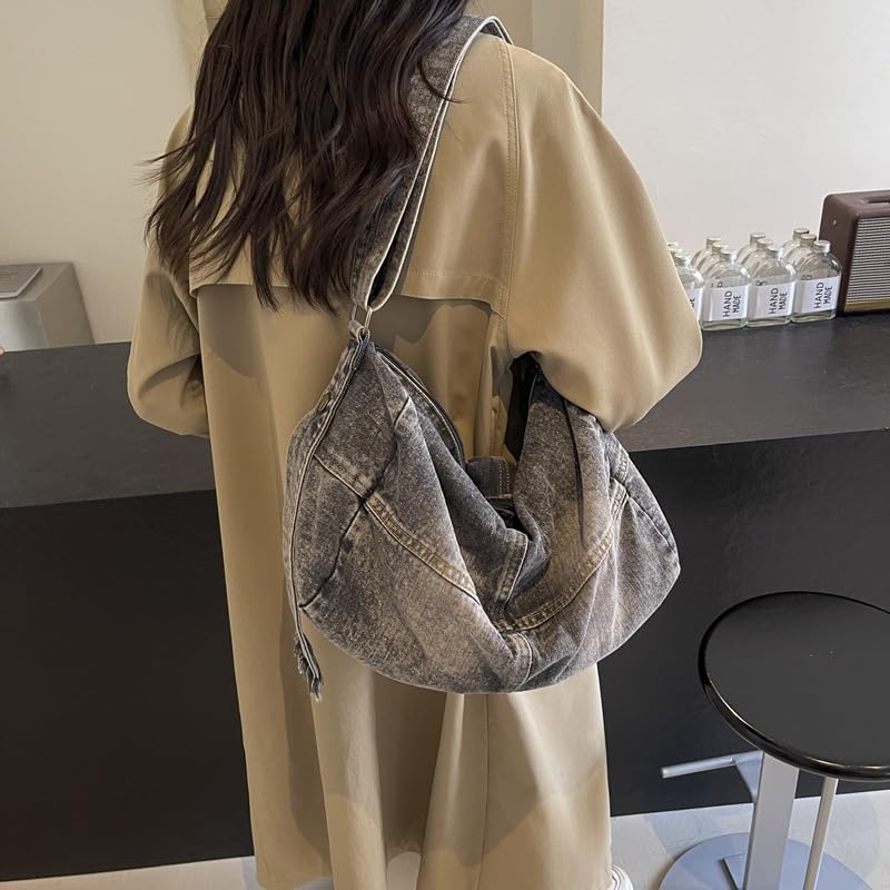 Women Tote Denim Shoulder Purse Vintage Washed Large Capacity Travel Duffel Crossbody Casual Gym Commuter Hand Carry3