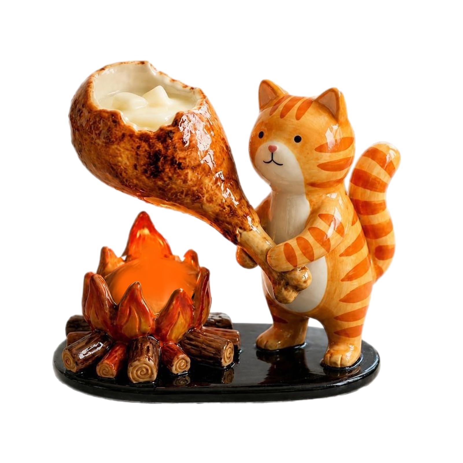 Resin Animal Tealight Holder, Campfire Scene Candle Stand with Cat Fox Dachshund Figurines, Woodland Cabin Decor for Living Room Desk, Cozy Warm Glow Ornament, Gift for Animal Lovers Orange A