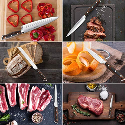 Kitchen Knife Set 7 Pieces with Oak Wooden Block and Ergonomic Pakkawood Handle, homgeek High Carbon 1.4116 Stainless Steel Professional Sharp Chef Knife Block Set Forged, Full-Tang Design
