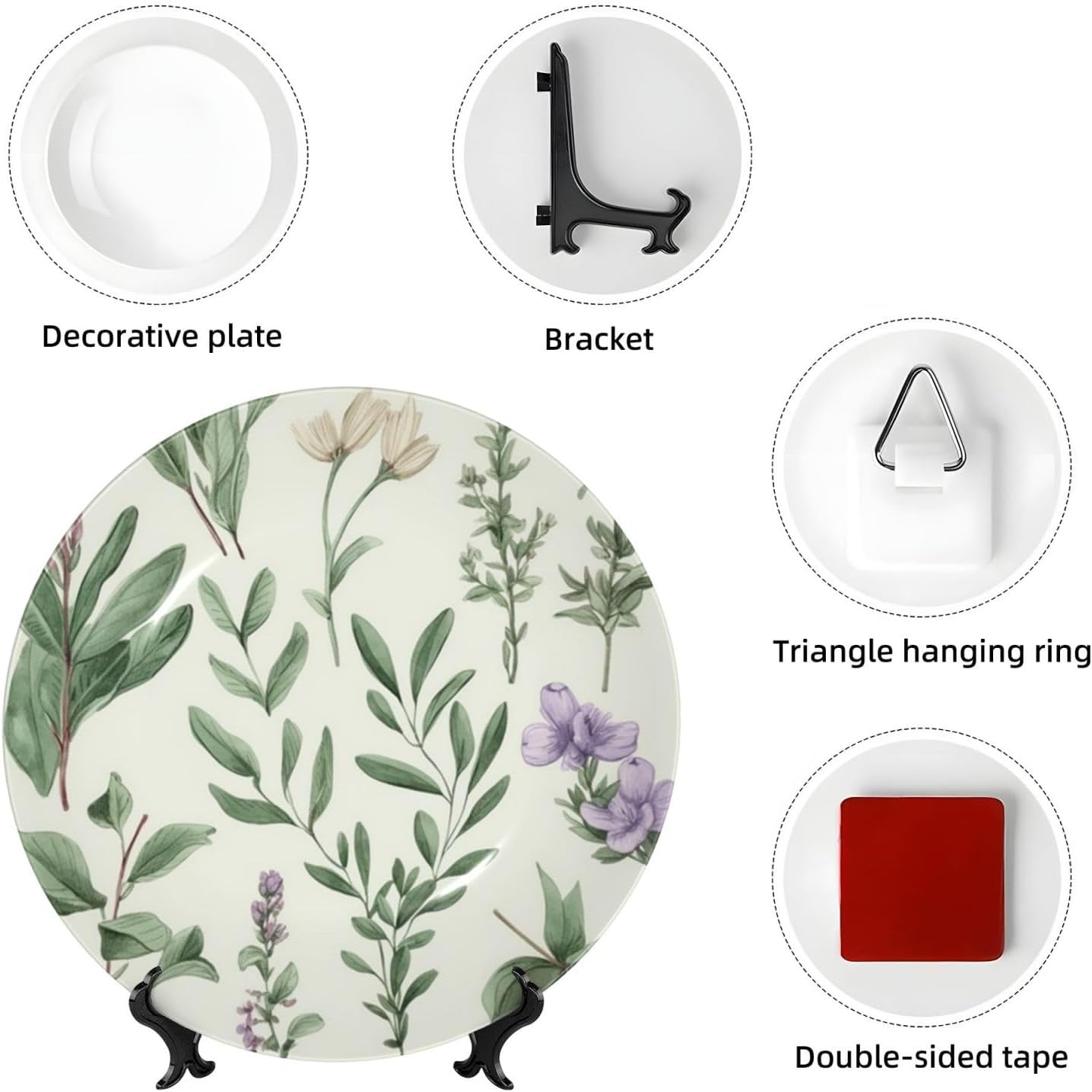 10in Bone China Decorative Plate Art Ceramic Decorative Plate With Display Stand Green Flower Herb Sage Leaves And Branches Handmade Ceramic Ornament For Home Office Wall Decor