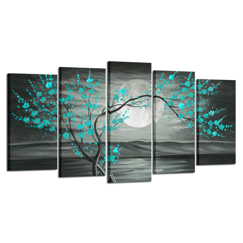 Kreative ArtsLarge 5pcs Canvas Wall Art Prints Teal Grey Plum Blossom Tree Full Moon Paintings Contemporary Decorative Artwork for Living Room Walls Decor Framed Ready to Hang (Large 60x32inch)