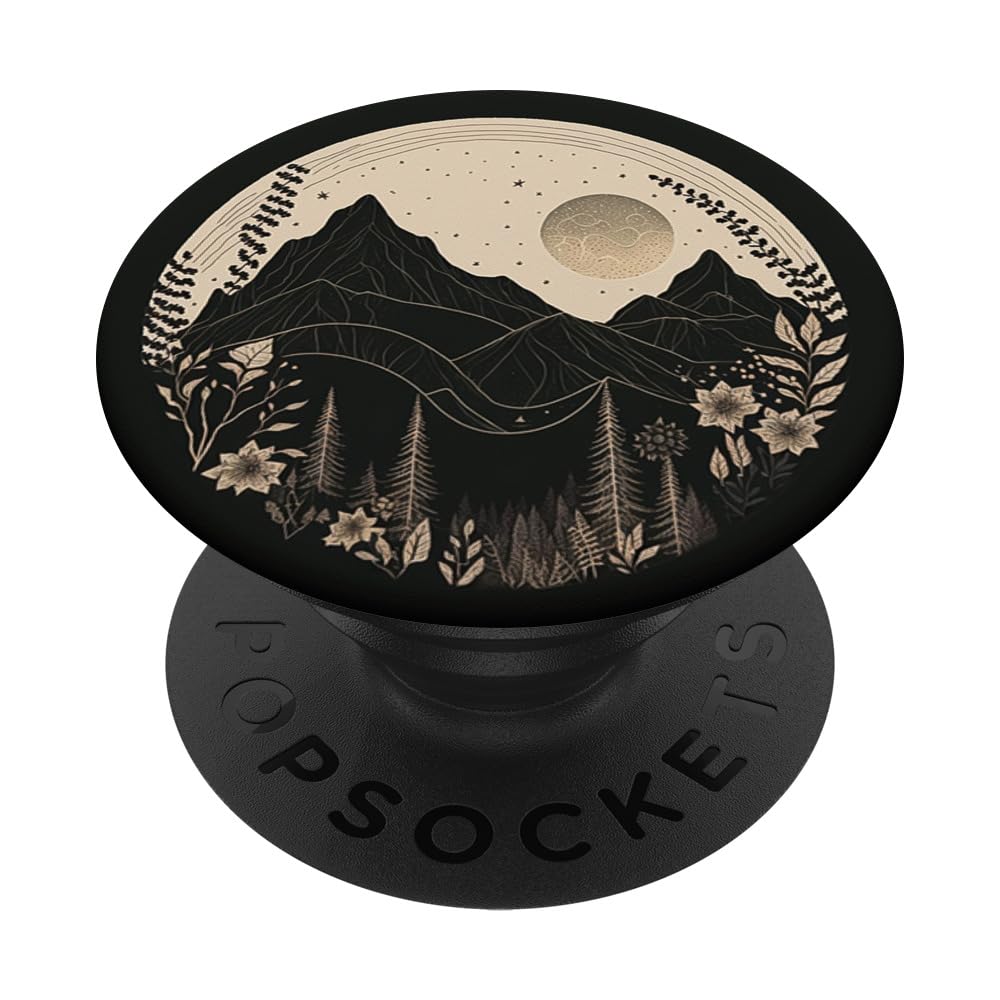 Boho Chic Floral Moon Forest Nature Mountain Black Beige PopSockets Standard PopGrip