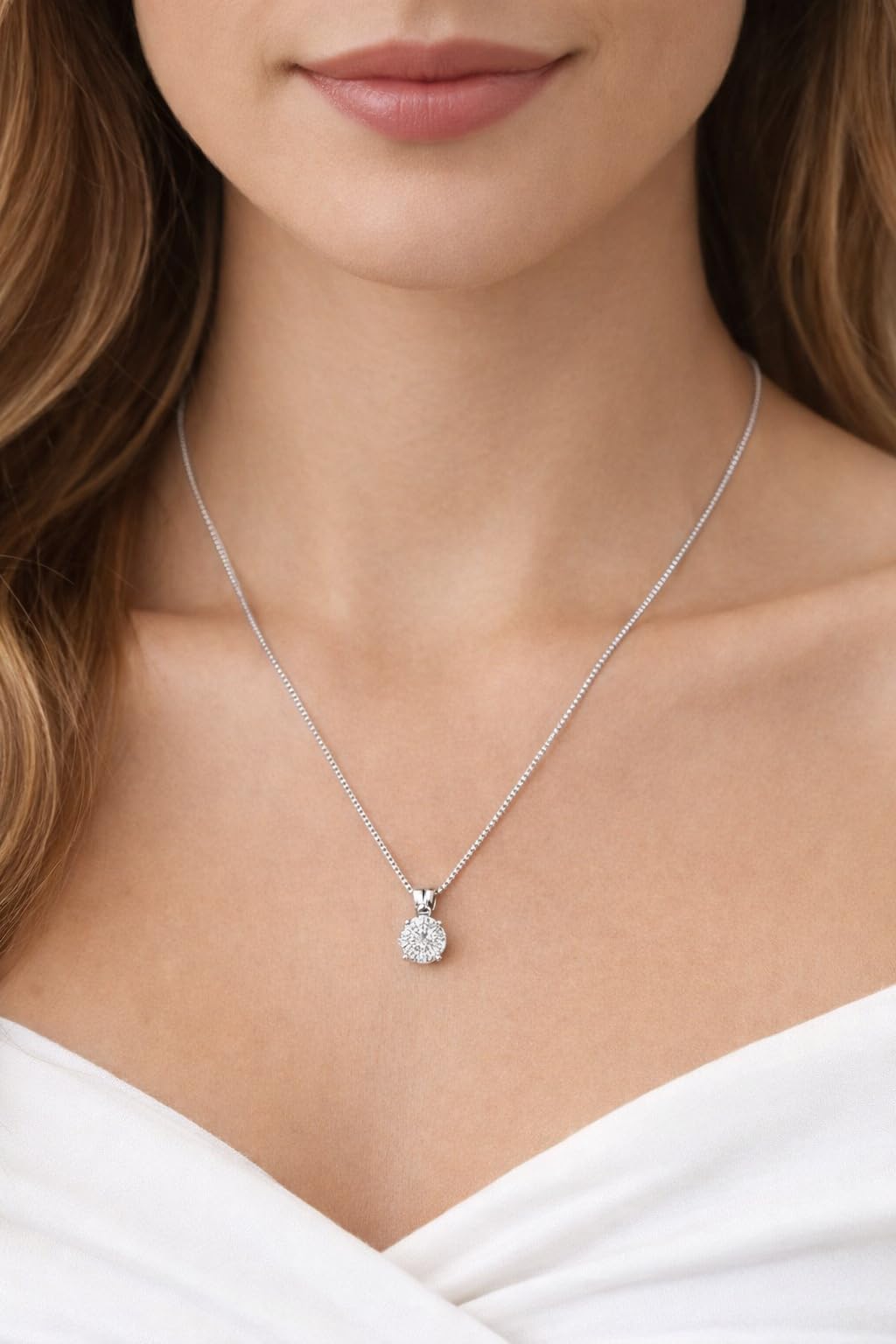 Premium Damen Halskette 925 Sterling Silber mit einem Zirkonia Stein Anhänger 8mm Kette Solitär Strass Glitzer Steinahnänger Weiß Rund Tropfen Braut Brautschmuck
