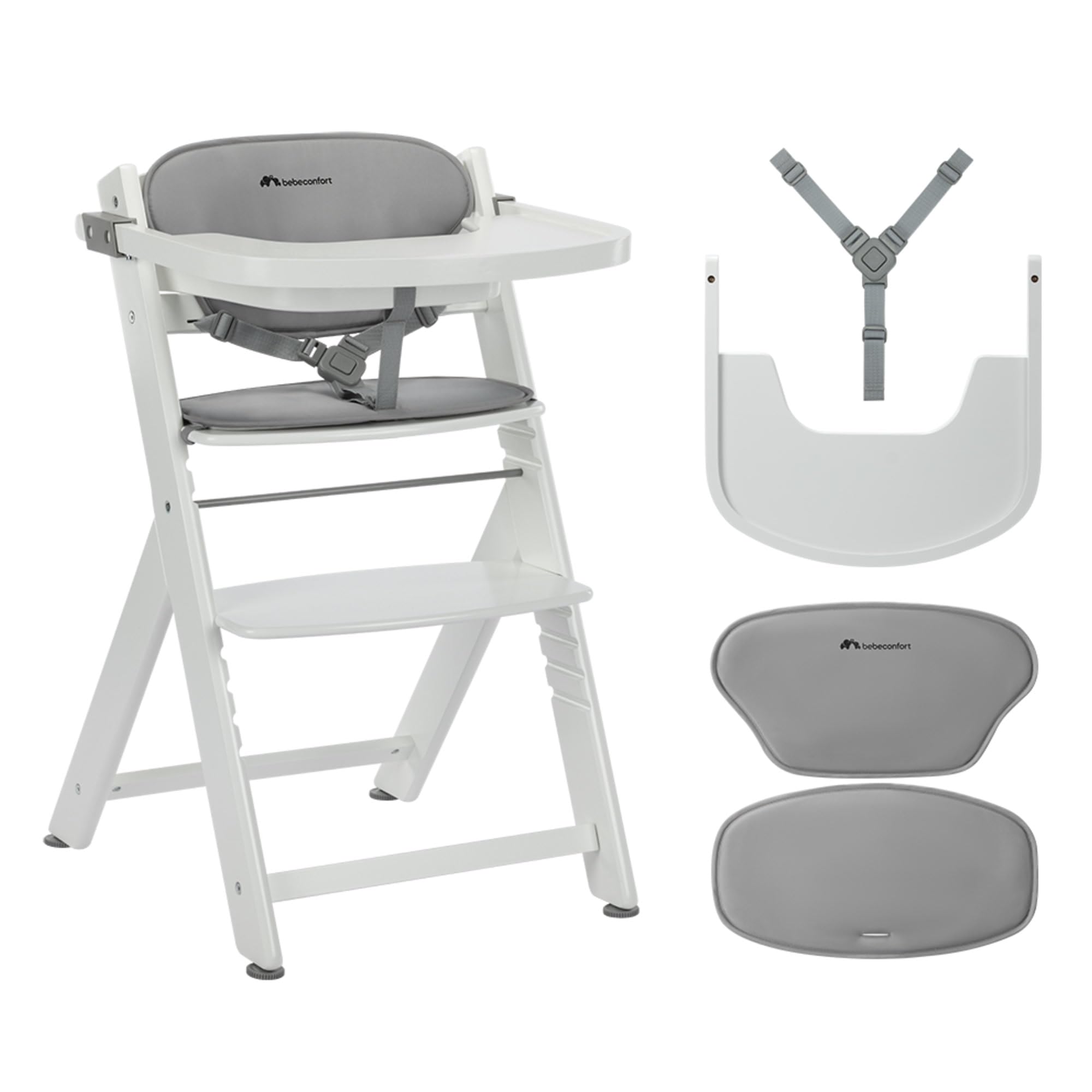 Bebeconfort Timba 2 con Cuscino, Seggiolone Pappa Evolutivo in Legno, 6+ Mesi, Fino a 110 kg, Sedia Evolutiva Ergonomica, Regolabile in Altezza, Vassoio Amovibile, White + Grey