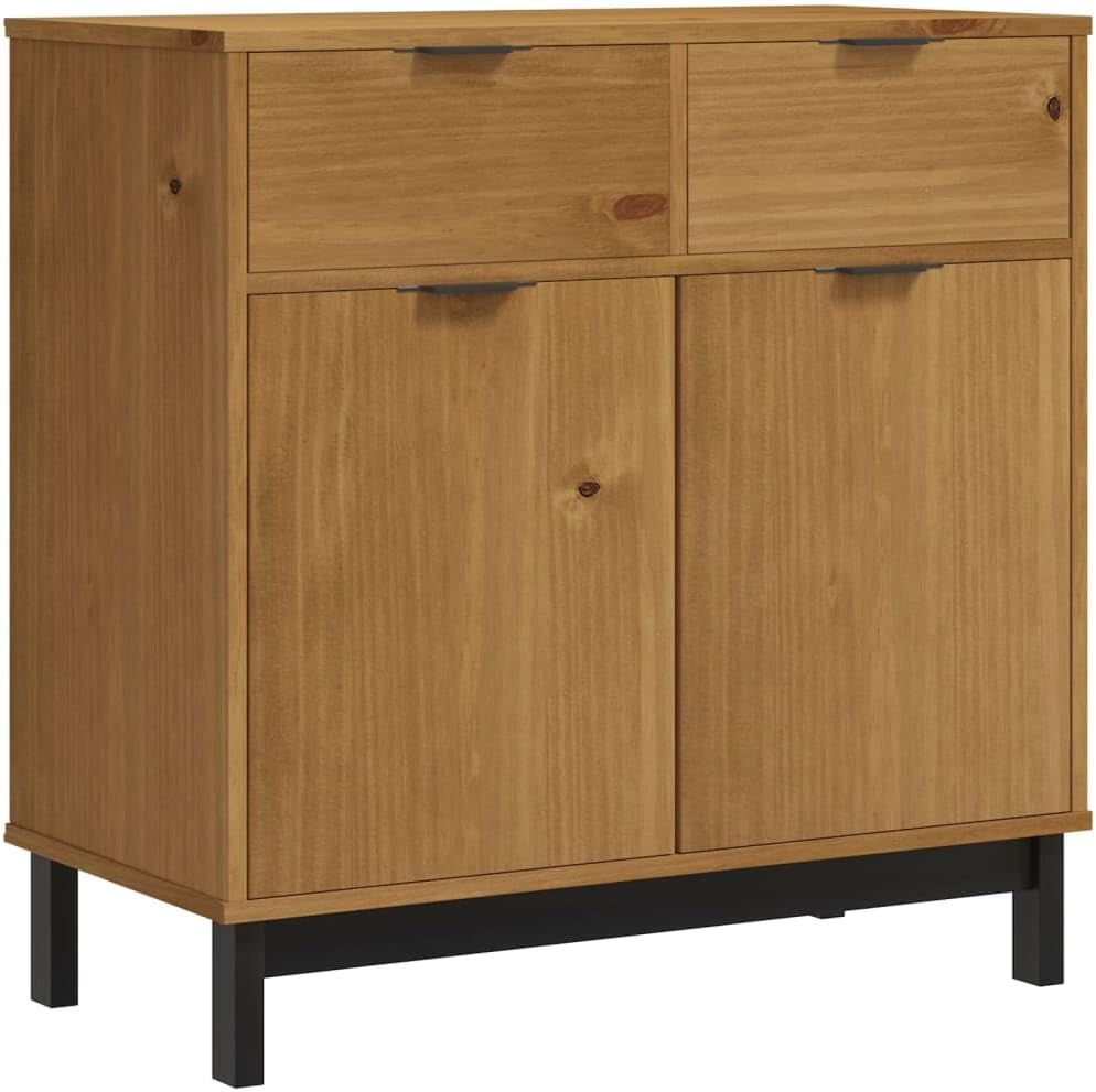 Rustic Solid Pine Wood Sideboard with Oak Finish, Two Doors and Drawers for Storage Furniture