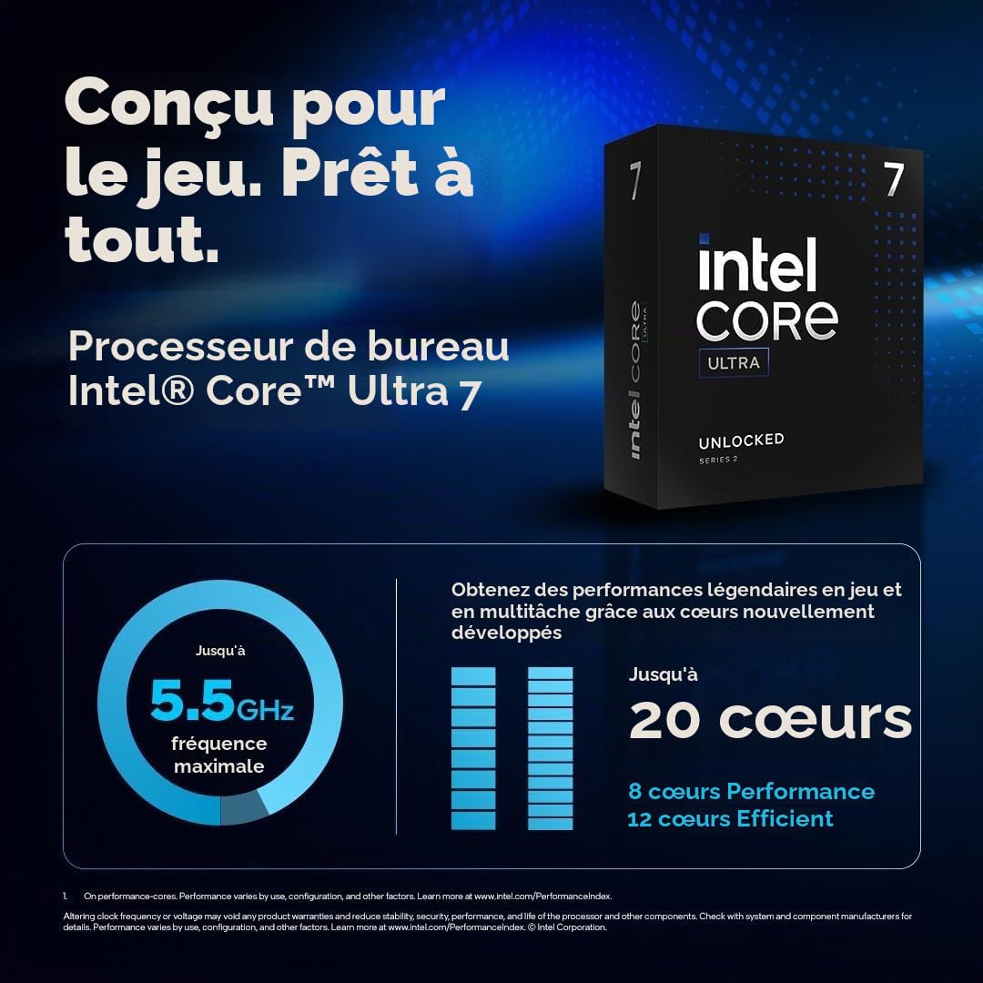 Intel Ultra 7 265KF Processeur de Bureau, 20 cœurs, jusqu'à 5,5 GHz, Cache 36 Mo, Socket LGA1851, 125 W, sans Solution Thermique