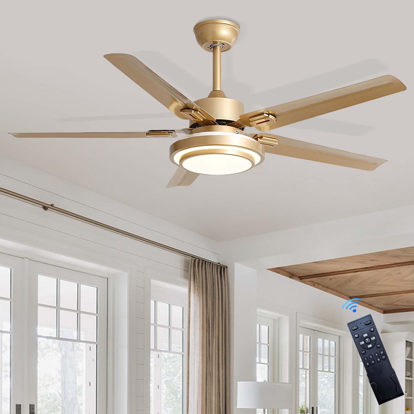 HXYSXHJUO Ceiling Fans with Lights,6 Speeds Dc Motor Reversible ，Quiet Fan Lights for Bedroom Living Room Kitchen-Gold||52 inches