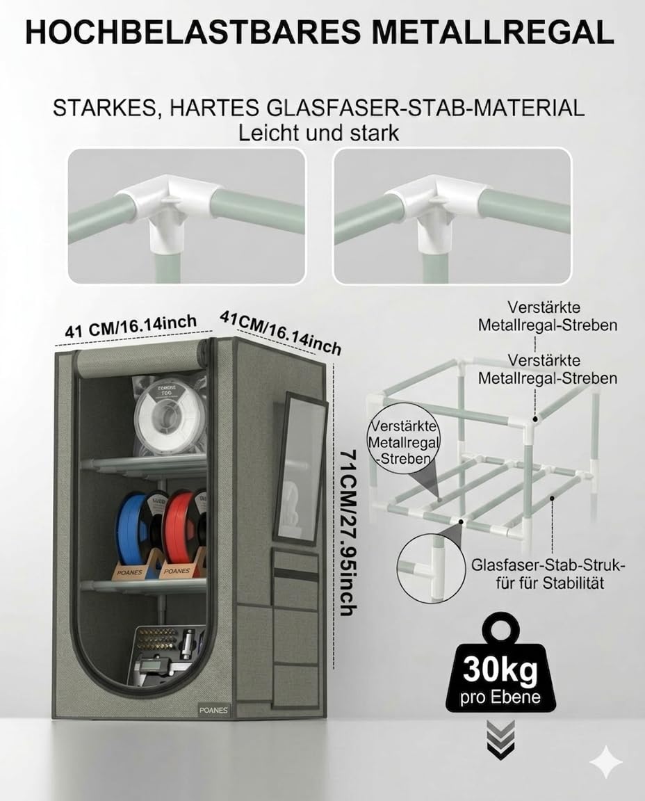 Pudełko do przechowywania filamentu 3D, 3-poziomowy, metalowy regał z przezroczystą pokrywą i środkiem osuszającym – na 30 rolek (PLA, ABS, PETG, TPU)