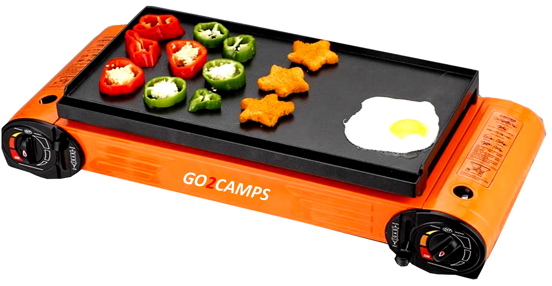 GO2CAMPS Double Burner Butane Camping Stove with BBQ Grill Tray Caston Hotplate|HumBurger and Set of Tools Pathoolas | Carry Box-Multicolours