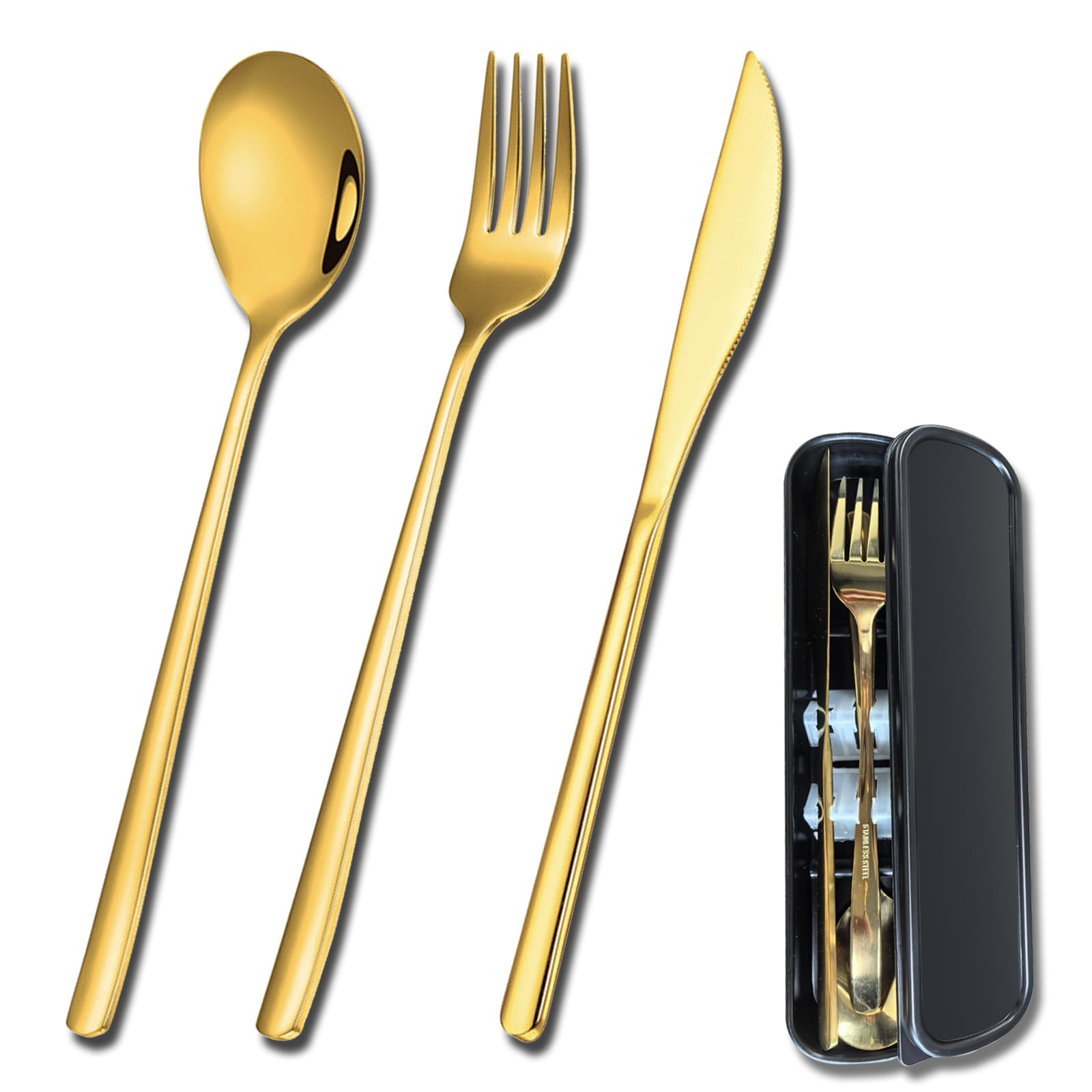 YUDANSI Gold Cutlery Sets, 3 Piece Stainless Steel Flatware Set For Children‘s Kids Adult, Easy Clean Mirror Polished Dishwasher Safe Fork Spoon Knife Set Service For Travel Picnic Office School Lunch