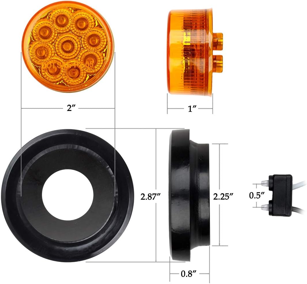 Partsam 2Pcs 2 Inch Round Truck Trailer Led Side Marker Clearance Light Amber 9 Diodes with Reflectors Sealed Waterproof 12V 2 Inch Round LED Side Fender Panel Lights with Grommets and Wire Pigtail