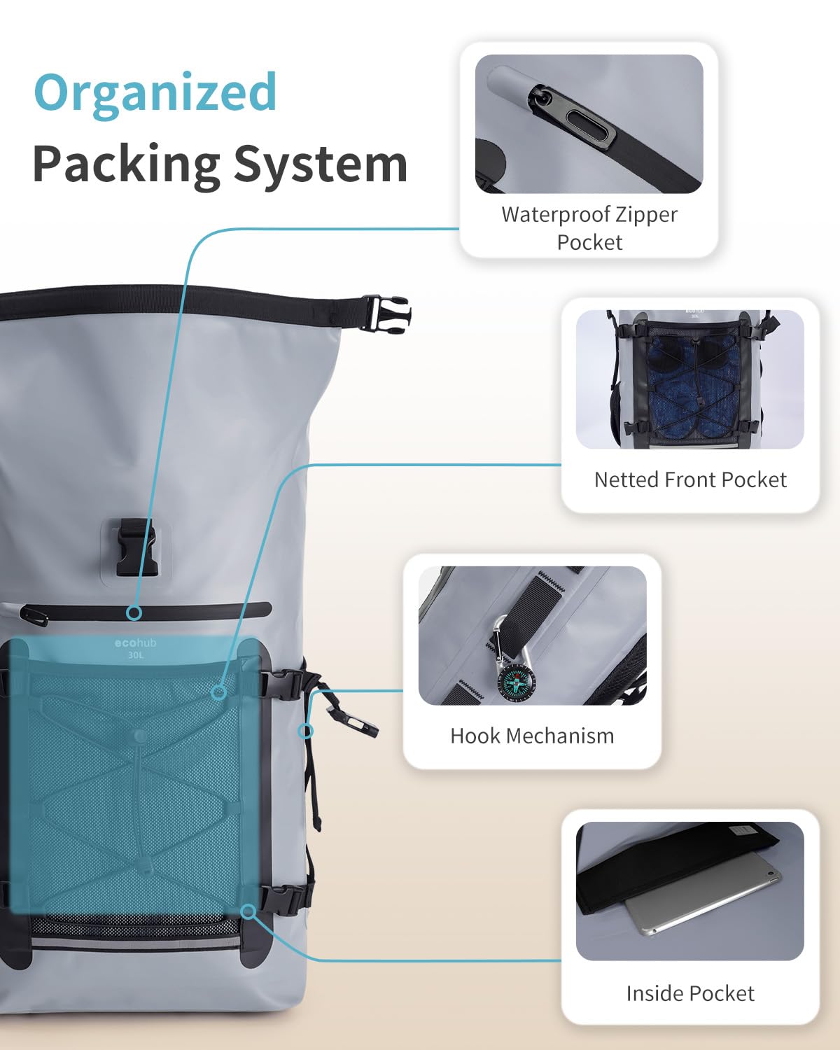 ECOHUB Wasserdichter Rucksack, Rolltop mit IPX8 Handyhülle & Atmungsaktive Rückenpolsterung, Dry Bag für Kajak, Bootfahren, Wandern, Camping, Angeln, Rafting, Lieferfahrer, 30L, Grau
