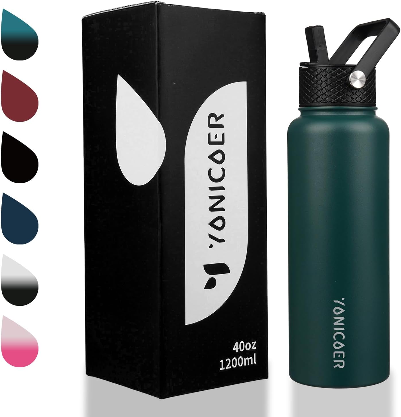 Insulated Water Bottle 40oz,Triple Wall Vacuum Stainless Steel(Dishwasher Safe),Leak Proof & Non-BPA,Flask Jug with Paracord Handle & Straw Spout Lids Sports Green - Image 7