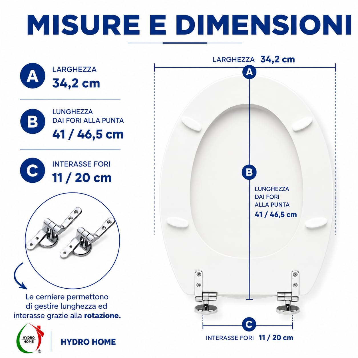 Hydro Home Copriwater Compatibile Ellisse Ideal Standard Bianco EUR, Sedile WC in MDF Verniciato, Tavoletta Water con Cerniere in Metallo e Fissaggio dal Basso