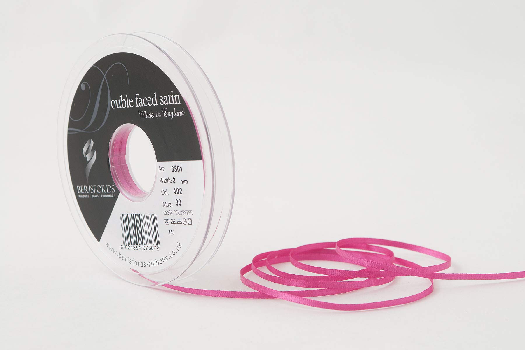 Berisfords Double FACE Poly Satin Ribbon, Fuchsia, 3 mm