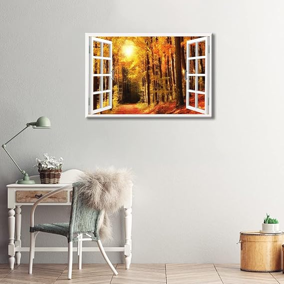 3D Window View Forest Landscape Canvas Art Wall Decor Autumn Natural Scenery Modern Home Decor Canvas Wall Decor for Living Room Bedroom Office Posters Prints Framed Ready to Hang - 36W x 24H