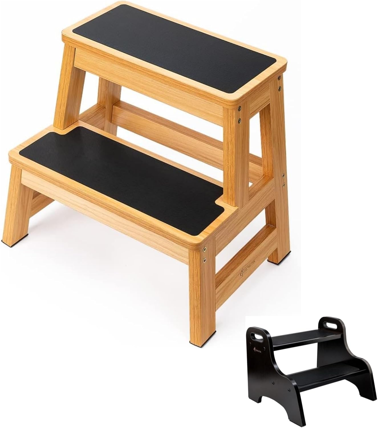 StrongTek Wooden Two Step Stool Set, 17" Tall Heavy-Duty Step Stools for Kids & Adults, Non-Slip Surface, Portable Handles, 300–500 lbs Capacity, Ideal for Kitchen, Bed & Bathroom Use