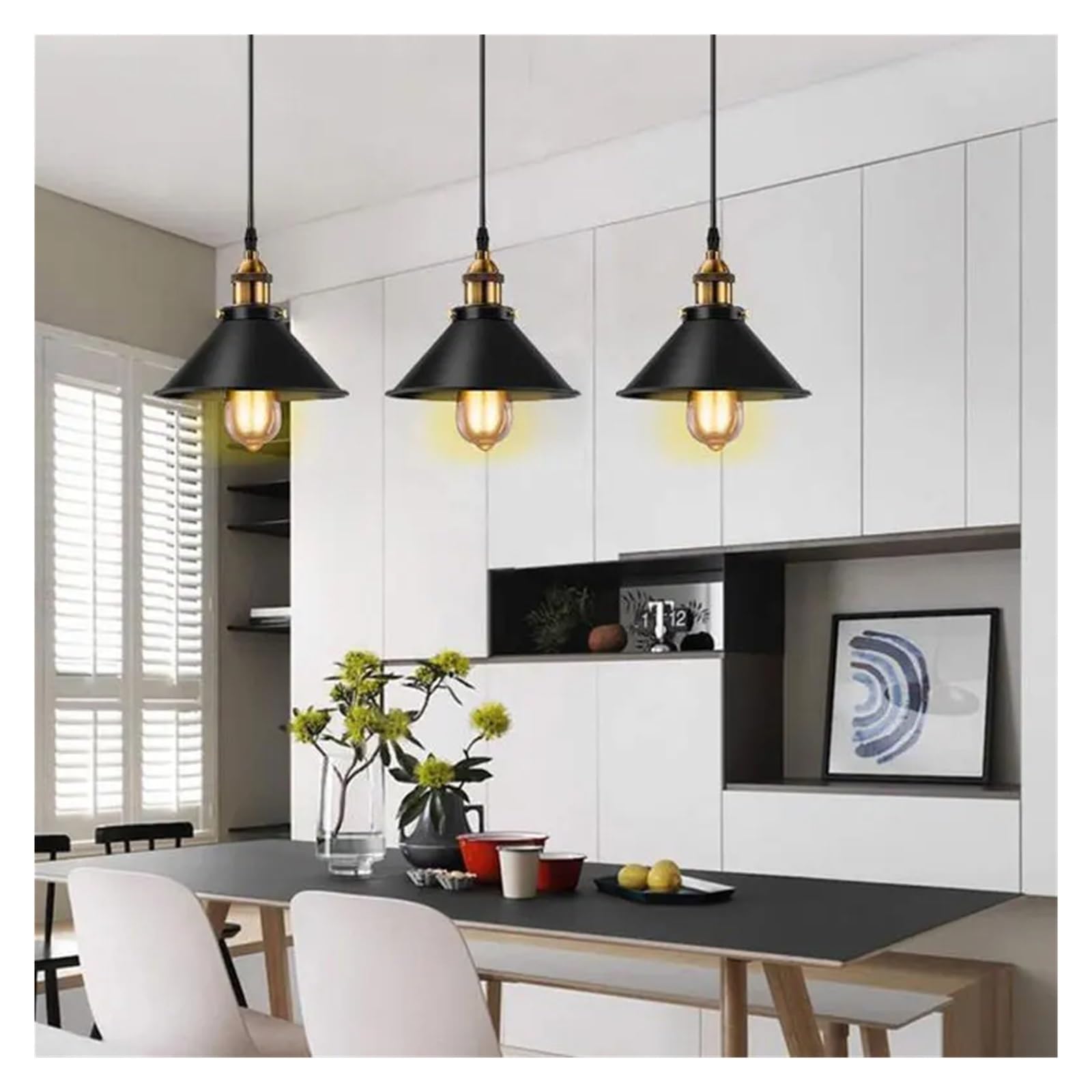 ASerZenith Nordic Restaurant Office Dining Room Chandelier 3 Heads Round Long Lighting Fixtures Black Pendant Lamp,Warm White-50Cm