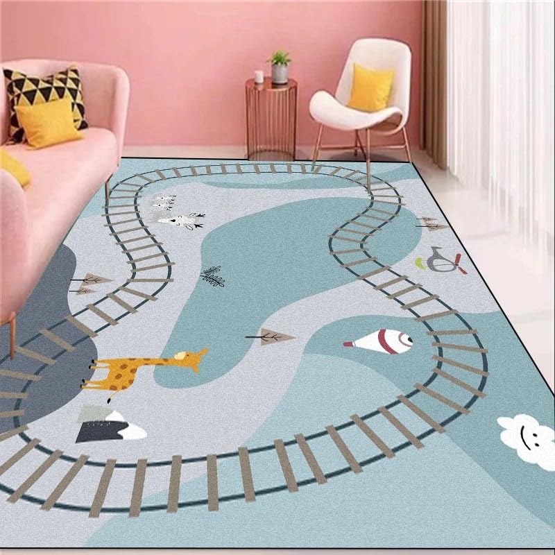SMXVRC Cartoon Railway Children's Rug, 180x300cm, Giraffe Animal Print Floor Rugs, Soft Cozy Reduce Noise Easy Clean Mat, Non-Shedding Thin Low Pile High Traffic Carpet for Porch Office