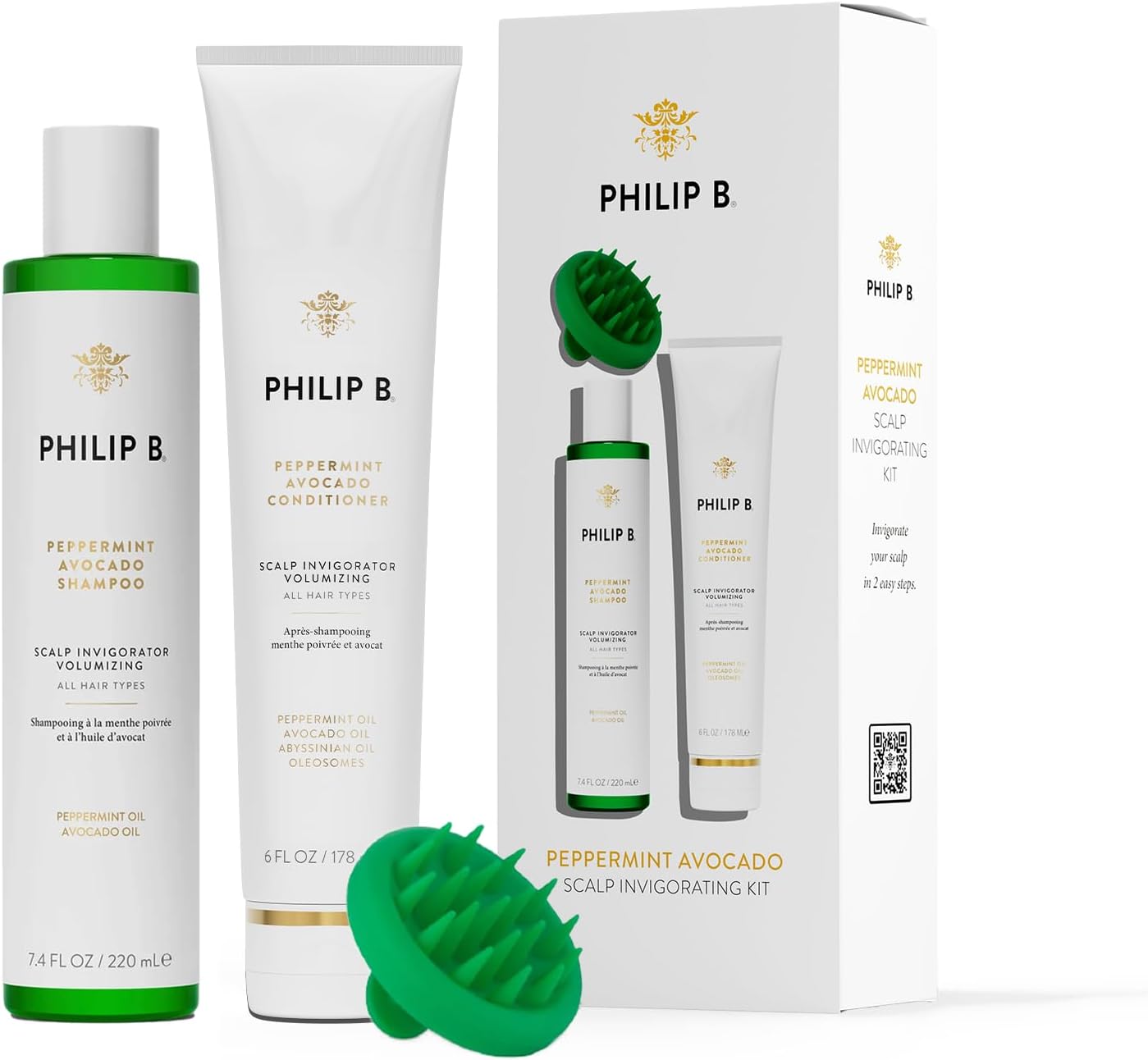 Peppermint Avocado Scalp Invigorating Kit - Includes Shampoo (7.4 oz), Conditioner (6 oz) and Scalp Massager