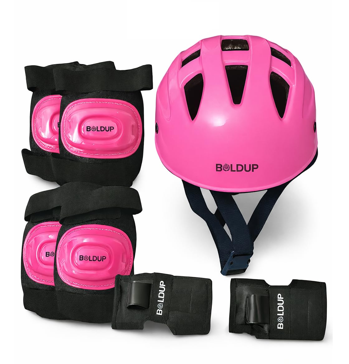 BOLDUP Protective Gear Set | Adjustable Skateboard Pads & Wrist Guards for Boys Girls | Safety Equipment for Rollerblading, Scootering, Biking | 7-in-1 Kids Fits Ages 5-8, 8-12 (Pink Skating Kit)-image-6