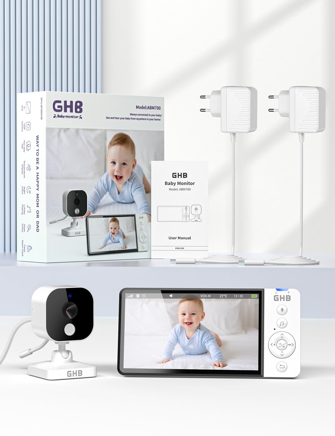 GHB Babyphone Camera Bebe Surveillance 5" 2,4 GHz 8 Berceuses Babyphones sans WiFi Baby Phone avec Camera VOX Mode Capteur de Température Communication Bidirectionnelle Vision Nocturne Non Rotation