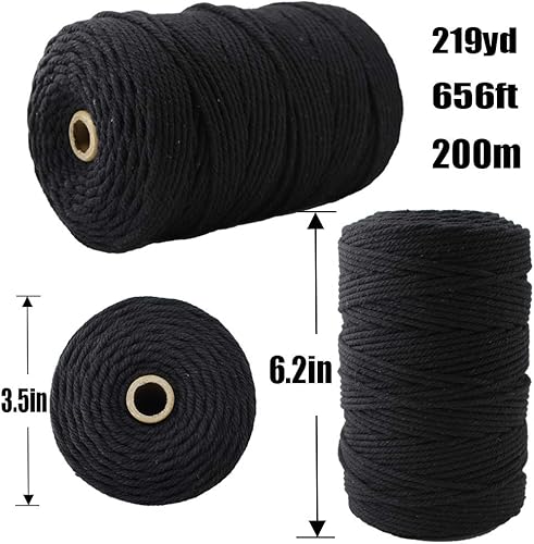 Miniatura 3 de Mygogo - Cuerda de macramé de 0.118 in x 219 yardas (aproximadamente 656.2 ft, 656 pies), cuerda de algodón de color negro, 4 hebras, cuerda de