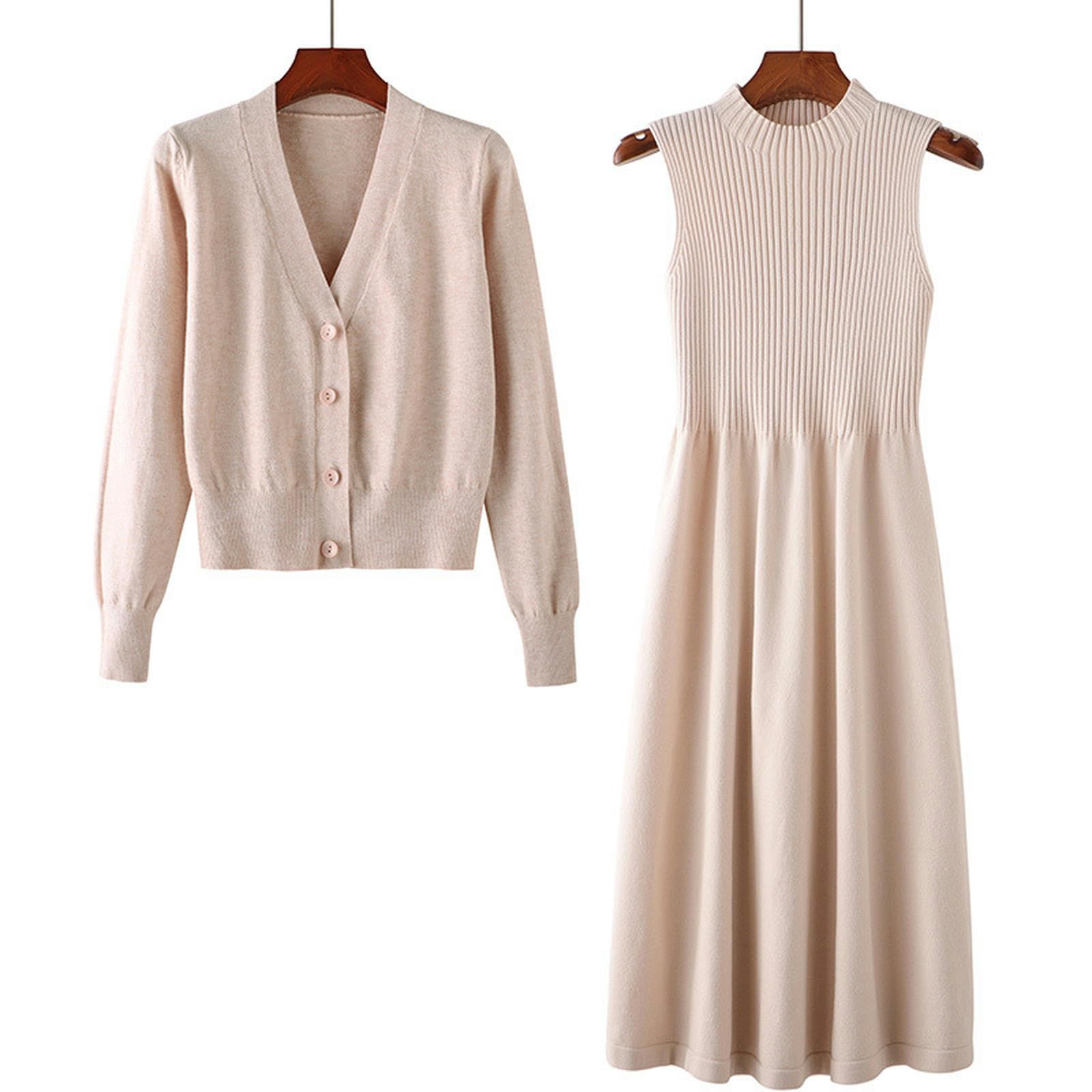 Vestito Abito Maglione A Maniche Lunghe All'inizio dell'Autunno Abito A Due Pezzi A Maglietta A Maglia da Donna A Maglia-Rosa-codice Medio