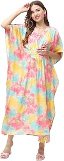 Secret Wish Printed Multi Chanderi Silk Maternity Kaftan Dress Calf Length/Feeding/Nursing/Zipper/Elasticated Waist/Printed Price In India