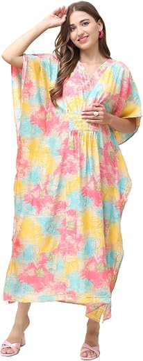 Secret Wish Printed Multi Chanderi Silk Maternity Kaftan Dress Calf Length/Feeding/Nursing/Zipper/Elasticated Waist/Printed