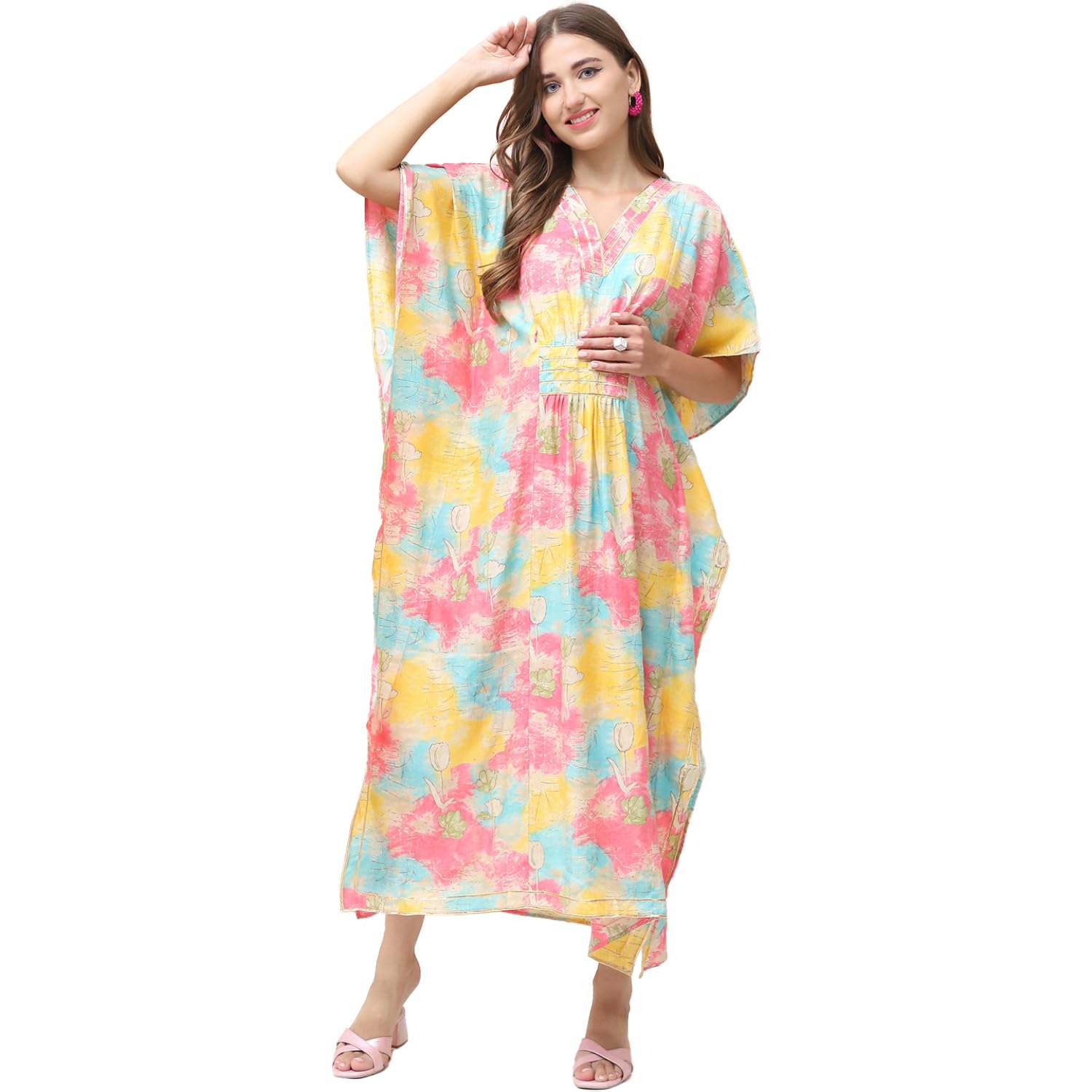 Printed Multi Chanderi Silk Maternity Kaftan Dress Calf Length/Feeding/Nursing/Zipper/Elasticated Waist/Printed-image-10
