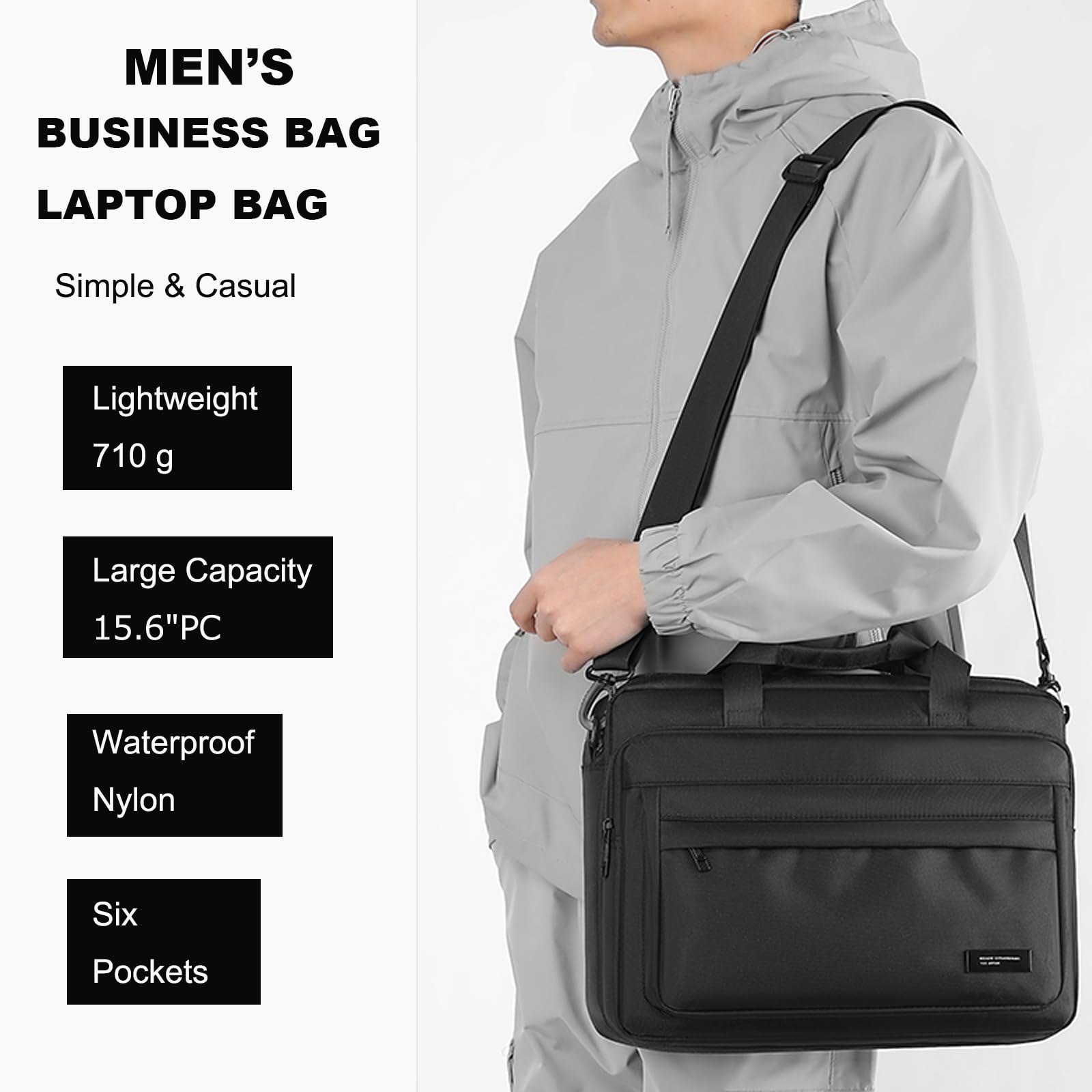 zhongningyifeng Aktówka na laptopa o przekątnej ekranu 15,6", dla mężczyzn i kobiet, nylonowa, wodoszczelna torba listonoszka, torba na ramię do biznesu i podróży, czarna, czarny