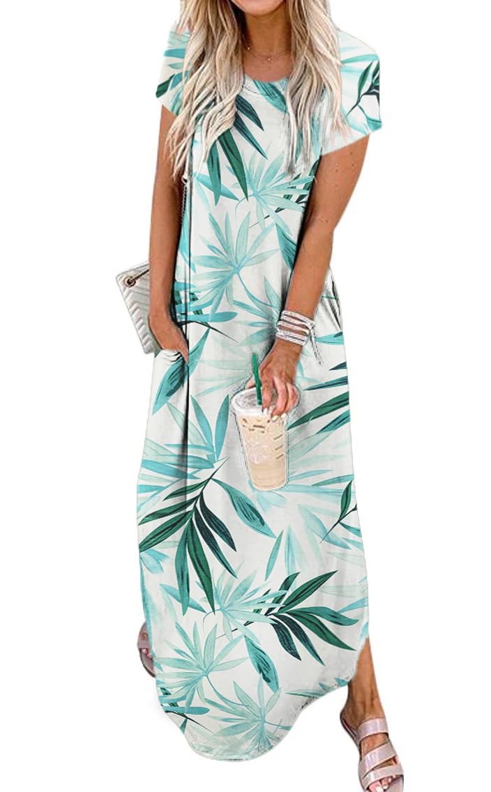Jeqeocafy Women Summer Long Sundress Crewneck Short Sleeve Maxi Dress 2026 Casual Loose Beach Dress with Pockets