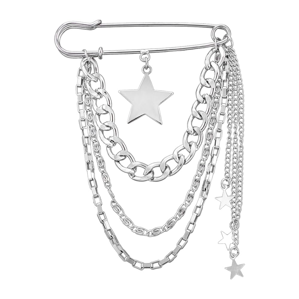 Safety Pin Brooch with Hanging Chains Charms Decorative Punk Goth Collar Brooches Pin for Sweater Dress Skirt Tie Pins Emo Pins