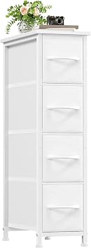 Somdot Slim Chest of Drawers with 4 Fabric Drawers, Narrow Dresser Storage Organiser for Bedroom Living Room Bathroom Closet Nursery Entryway Hallway, White Leather
